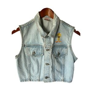 Vtg Bongo Tweety Bird Light Wash Denim Vest Size L Made In USA 90s Looney Tunes